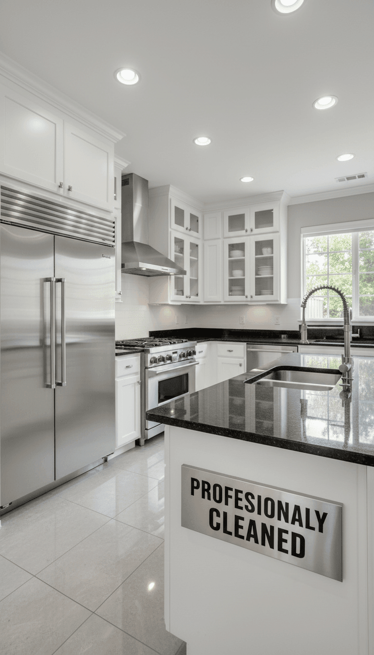 Bright kitchen after a thorough clean — counters shine, no smudges in sight